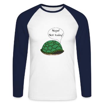 Turtle "Nope! Not today!" - Unisex Long Sleeve Baseball T-Shirt - white/navy - Front - Nik (191cm)