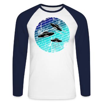 ufos blue black - Unisex Baseballshirt langarm - Weiß/Navy - Vorne - Nik (191cm)