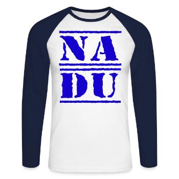 na du blau - Unisex Baseballshirt langarm - Weiß/Navy - Vorne - Nik (191cm)