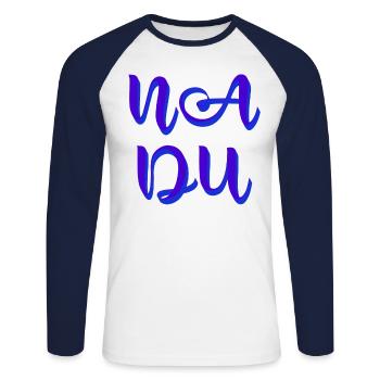 na du zwe blau - Unisex Baseballshirt langarm - Weiß/Navy - Vorne - Nik (191cm)