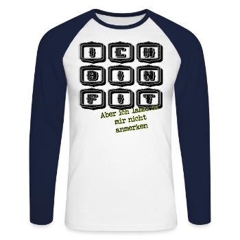 fit aber nicht anmerken schwarz - Unisex Baseballshirt langarm - Weiß/Navy - Vorne - Nik (191cm)
