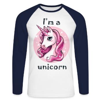 je suis une licorne - T-shirt baseball manches longues Homme - blanc/marine - Devant - Nik (191cm)