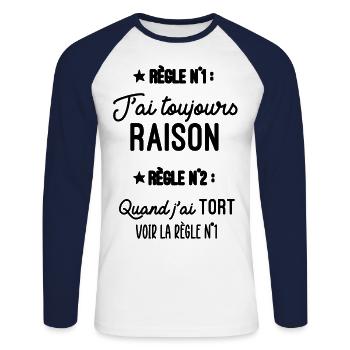 Règle 1 J'ai toujours Raison, Règle 2 Jamais Tort - T-shirt baseball manches longues Homme - blanc/marine - Devant - Nik (191cm)