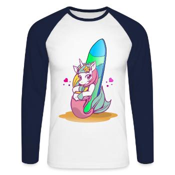 Licorne avec planche de surf sur la plage - T-shirt baseball manches longues Homme - blanc/marine - Devant - Nik (191cm)