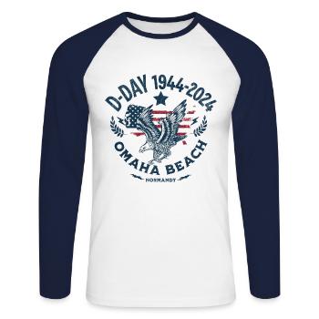 D DAY 1944 2024 Omaha Beach - T-shirt baseball manches longues Homme - blanc/marine - Devant - Nik (191cm)