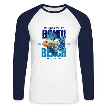 Bondi Strand 1 - Unisex Baseballshirt langarm - Weiß/Navy - Vorne - Nik (191cm)