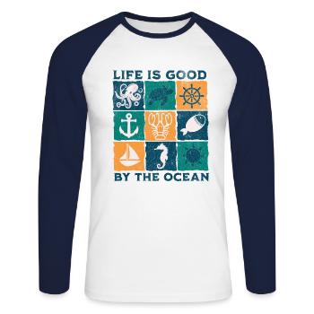 Life is good by the ocean blc - T-shirt baseball manches longues Homme - blanc/marine - Devant - Nik (191cm)