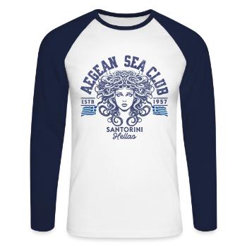 AEGEAN SEA CLUB Santorini blc - T-shirt baseball manches longues Homme - blanc/marine - Devant - Nik (191cm)