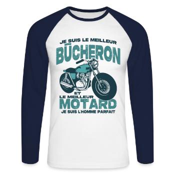 Le meilleur motard et le meilleur bûcheron - T-shirt baseball manches longues Homme - blanc/marine - Devant - Nik (191cm)