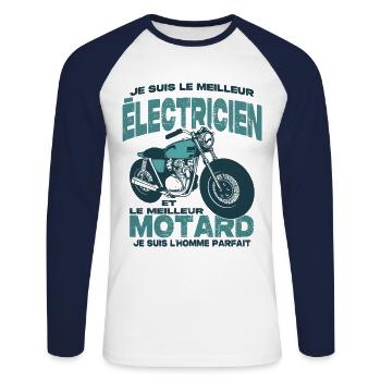 Le meilleur motard et le meilleur électricien - T-shirt baseball manches longues Homme - blanc/marine - Devant - Nik (191cm)