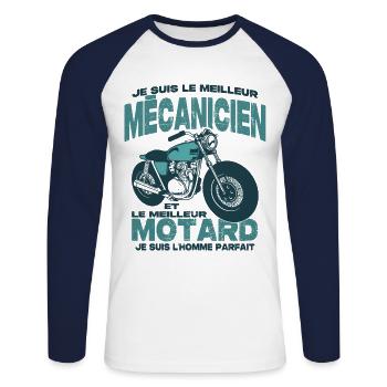 Le meilleur motard et le meilleur mécanicien - T-shirt baseball manches longues Homme - blanc/marine - Devant - Nik (191cm)
