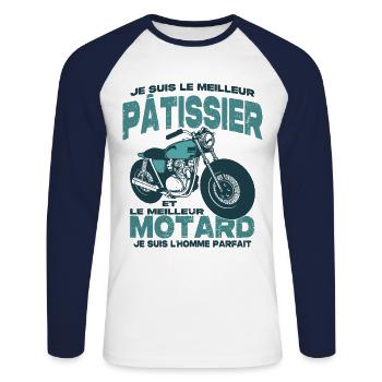 Le meilleur motard et le meilleur pâtissier - T-shirt baseball manches longues Homme - blanc/marine - Devant - Nik (191cm)