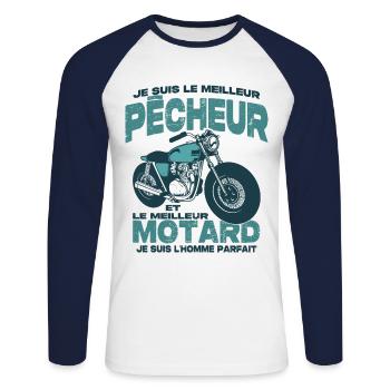 Le meilleur motard et le meilleur pêcheur - T-shirt baseball manches longues Homme - blanc/marine - Devant - Nik (191cm)