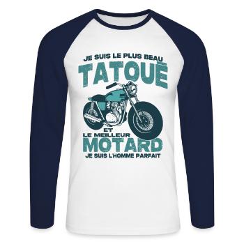 Le meilleur motard et le le plus beau tatoué - T-shirt baseball manches longues Homme - blanc/marine - Devant - Nik (191cm)