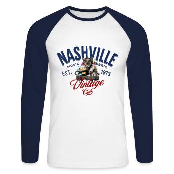 Nashville Musikfabrik Vintage-Club - Unisex Baseballshirt langarm - Weiß/Navy - Vorne - Nik (191cm)