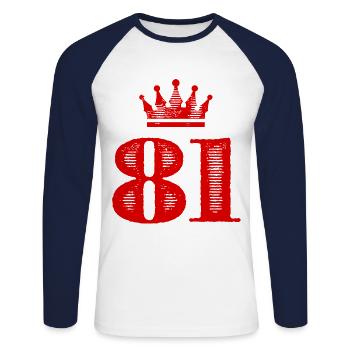 81 Zahl Krone - Unisex Baseballshirt langarm - Weiß/Navy - Vorne - Nik (191cm)