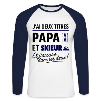 Deux titres papa et skieur,Ski,montagne - T-shirt baseball manches longues Homme - blanc/marine - Devant - Nik (191cm)