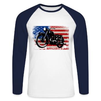 USA Drapeau vieille moto idées cadeaux motards - T-shirt baseball manches longues Homme - blanc/marine - Devant - Nik (191cm)