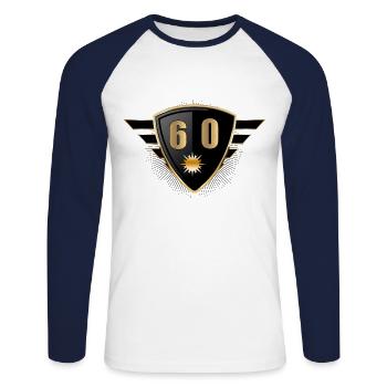 60e anniversaire - T-shirt baseball manches longues Homme - blanc/marine - Devant - Nik (191cm)