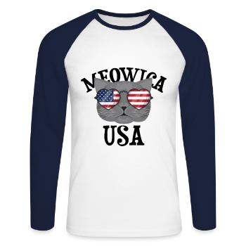 Meowica USA Cat (cat) - Unisex Long Sleeve Baseball T-Shirt - white/navy - Front - Nik (191cm)