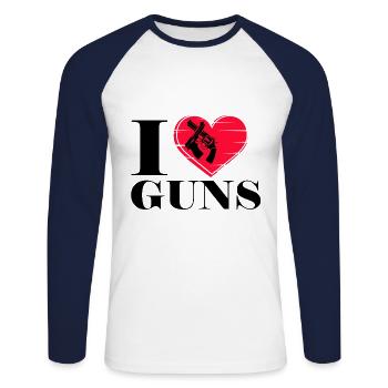 J'adore les armes, les fusils, les pistolets - T-shirt baseball manches longues Homme - blanc/marine - Devant - Nik (191cm)