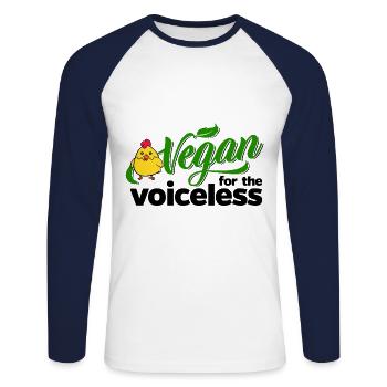Vegan pour les sans voix (poulet) - T-shirt baseball manches longues Homme - blanc/marine - Devant - Nik (191cm)