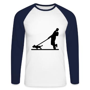 Hund zieht an der Leine Gassi - Unisex Baseballshirt langarm - Weiß/Navy - Vorne - Nik (191cm)