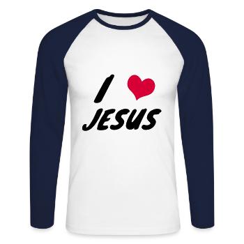 j'aime jésus - T-shirt baseball manches longues Homme - blanc/marine - Devant - Nik (191cm)