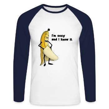Kinky banana sexy (Banane) - Unisex Baseballshirt langarm - Weiß/Navy - Vorne - Nik (191cm)