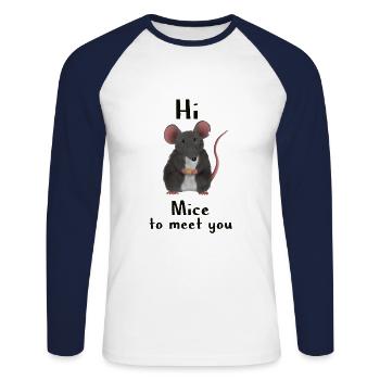 Doux souris / rat - ravi de vous rencontrer - T-shirt baseball manches longues Homme - blanc/marine - Devant - Nik (191cm)
