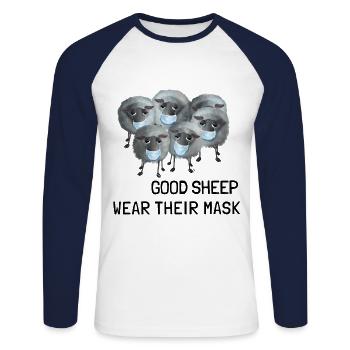 Süßes Schaf - Good sheep wear their mask - Unisex Baseballshirt langarm - Weiß/Navy - Vorne - Nik (191cm)