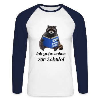 Leseratte Waschbär - Ich gehe schon zur Schule - Unisex Baseballshirt langarm - Weiß/Navy - Vorne - Nik (191cm)