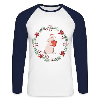 Noël: lapins avec cadeau de Noël - T-shirt baseball manches longues Homme - blanc/marine - Devant - Nik (191cm)