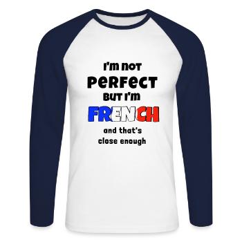 Je ne suis pas parfait mais le français c'est assez proche - T-shirt baseball manches longues Homme - blanc/marine - Devant - Nik (191cm)