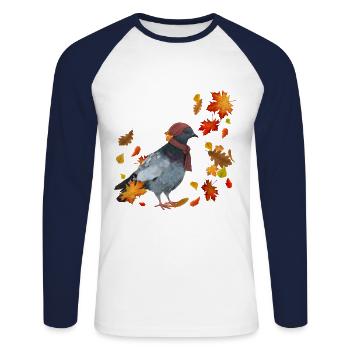 Taube im Herbst mit Blättern - Unisex Baseballshirt langarm - Weiß/Navy - Vorne - Nik (191cm)