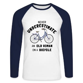 Never underestimate an old woman on a bike - Unisex Long Sleeve Baseball T-Shirt - white/navy - Front - Nik (191cm)