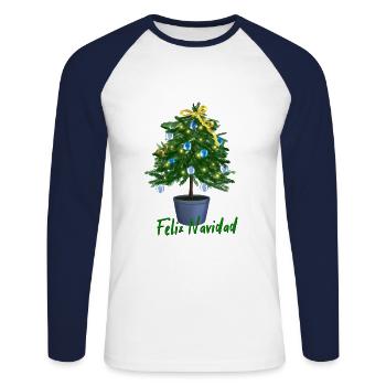 Petit sapin de Noël - Feliz Navidad - T-shirt baseball manches longues Homme - blanc/marine - Devant - Nik (191cm)
