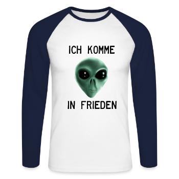 Alien - Ich komme in Frieden - Unisex Baseballshirt langarm - Weiß/Navy - Vorne - Nik (191cm)