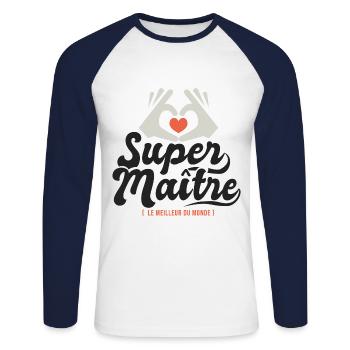 Super maitre l unique cadeau maître instituteur - T-shirt baseball manches longues Homme - blanc/marine - Devant - Nik (191cm)