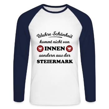 Schönheit aus der Steiermark - Unisex Baseballshirt langarm - Weiß/Navy - Vorne - Nik (191cm)