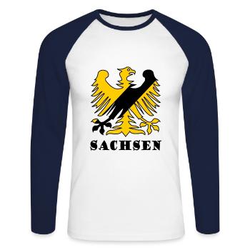 Les Saxons à l’Est - T-shirt baseball manches longues Homme - blanc/marine - Devant - Nik (191cm)