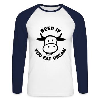 Les gourmands vegan - T-shirt baseball manches longues Homme - blanc/marine - Devant - Nik (191cm)