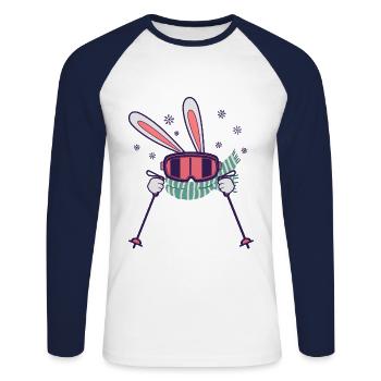 Lapin de ski avec bâtons de ski Lunettes de ski et écharpe - T-shirt baseball manches longues Homme - blanc/marine - Devant - Nik (191cm)