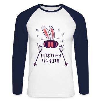 This is my Ski Suit Skiing Rabbit with ski poles - Unisex Long Sleeve Baseball T-Shirt - white/navy - Front - Nik (191cm)