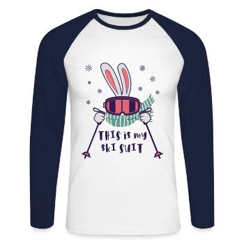 This is my Ski Suit Skiing Rabbit with ski poles - Unisex Long Sleeve Baseball T-Shirt - white/navy - Front - Nik (191cm)