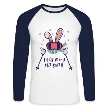 This is my Ski Suit Skiing Rabbit with ski poles - Unisex Long Sleeve Baseball T-Shirt - white/navy - Front - Nik (191cm)