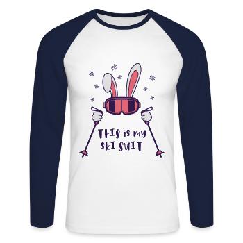 This is my Ski Suit Skiing Rabbit with ski poles - Unisex Long Sleeve Baseball T-Shirt - white/navy - Front - Nik (191cm)