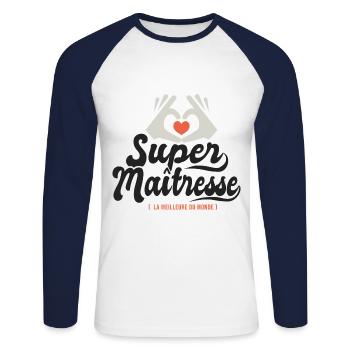 Super maitresse cadeau maîtresse institutrice - T-shirt baseball manches longues Homme - blanc/marine - Devant - Nik (191cm)
