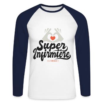 Super Infirmière l unique cadeau infirmiere - T-shirt baseball manches longues Homme - blanc/marine - Devant - Nik (191cm)