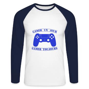 Gamer one day always gamer (blue) - Unisex Long Sleeve Baseball T-Shirt - white/navy - Front - Nik (191cm)